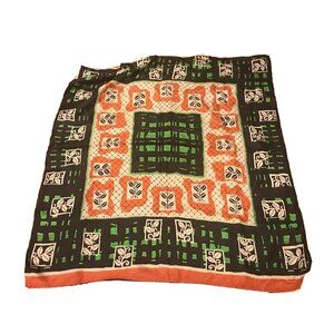 Vtg Abstract Tribal Scarf Burnt Orange Black Green Silky Feel Boho 35” sq MOD